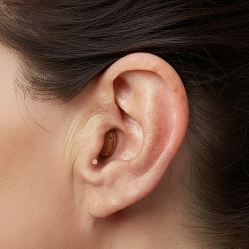 Persona usando audífono ITC (Intracanal) completamente invisible - Foto real de uso discreto