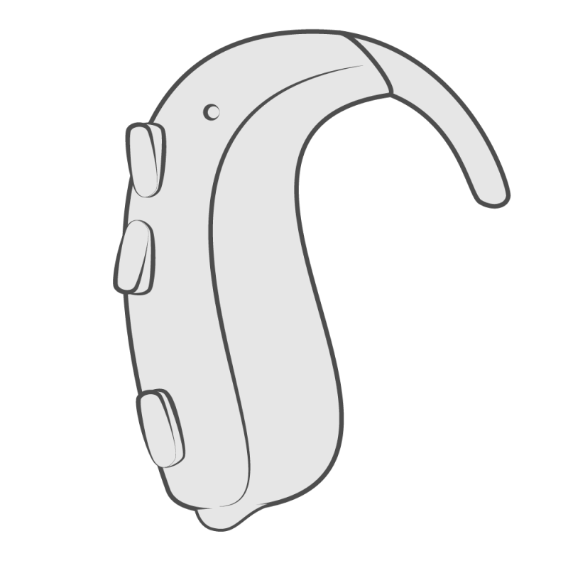 Ilustración de audífono BTE (Detrás de la Oreja) - Vista completa del producto mostrando componentes
