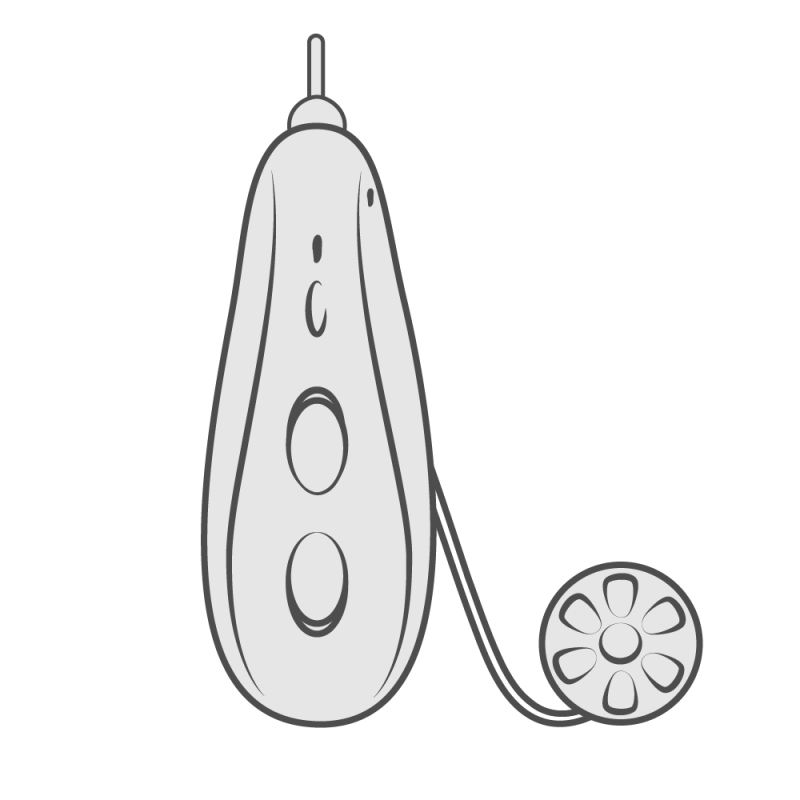 Ilustración de audífono RITE (Receptor en el Canal) - Vista frontal del producto versátil para cualquier pérdida