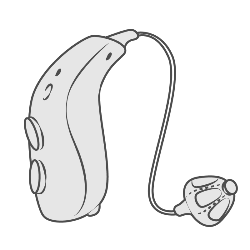 Ilustración de audífono RITE (Receptor en el Canal) - Vista del producto con diseño moderno y potente