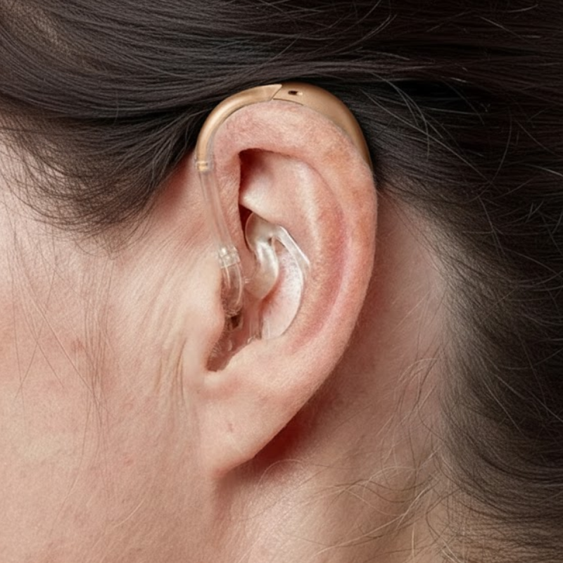 Persona usando audífono BTE (Detrás de la Oreja) color beige - Foto realista de uso diario