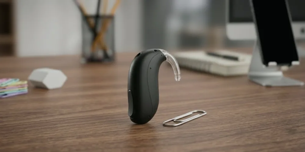 Audífono BTE negro de diseño moderno apoyado en un escritorio de madera junto a un clip metálico.