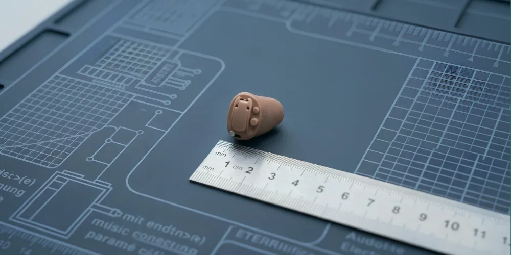 Audífono IIC intrauditivo de color beige junto a una regla milimétrica sobre un tapete de trabajo azul