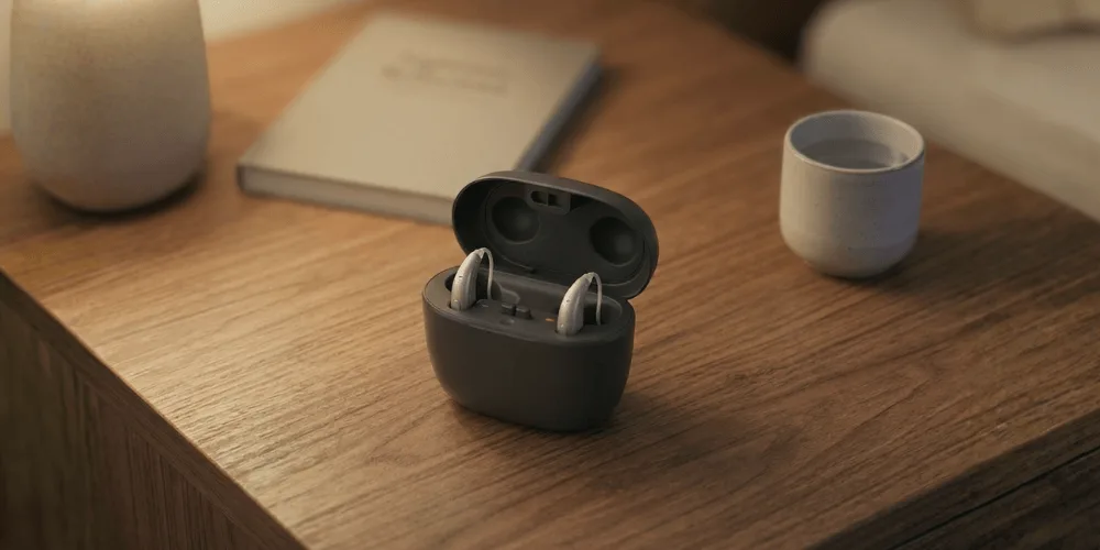 Par de audífonos RITE modernos descansando dentro de su estuche de carga portátil sobre una superficie plana.