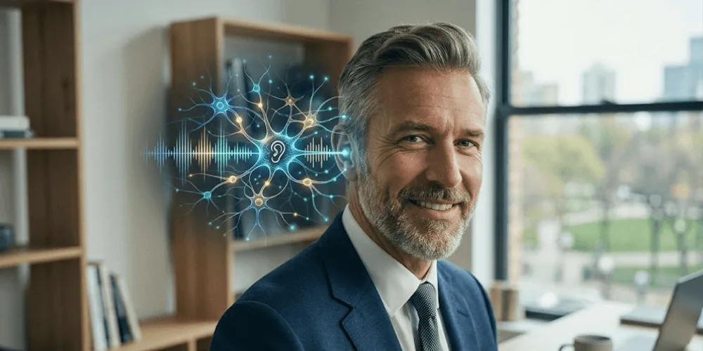 Ilustración de un cerebro humano conectado con ondas sonoras, representando la estimulación cognitiva mediante audición.