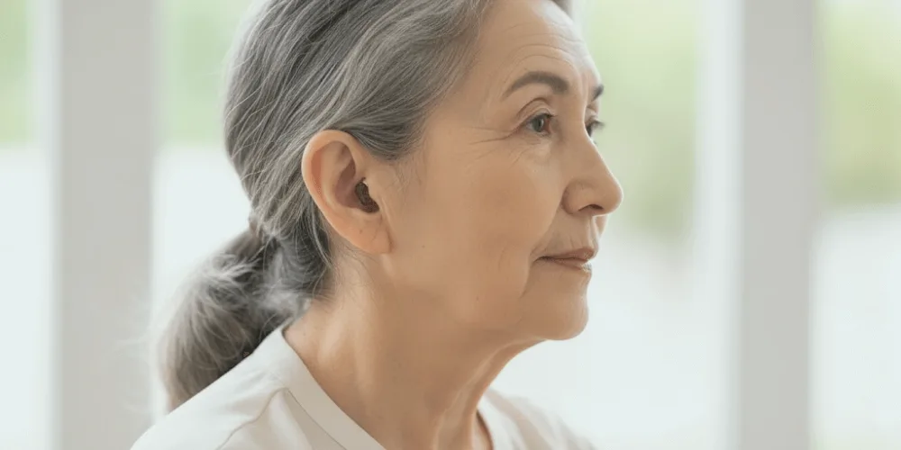 Mujer utilizando audífonos invisibles CIC