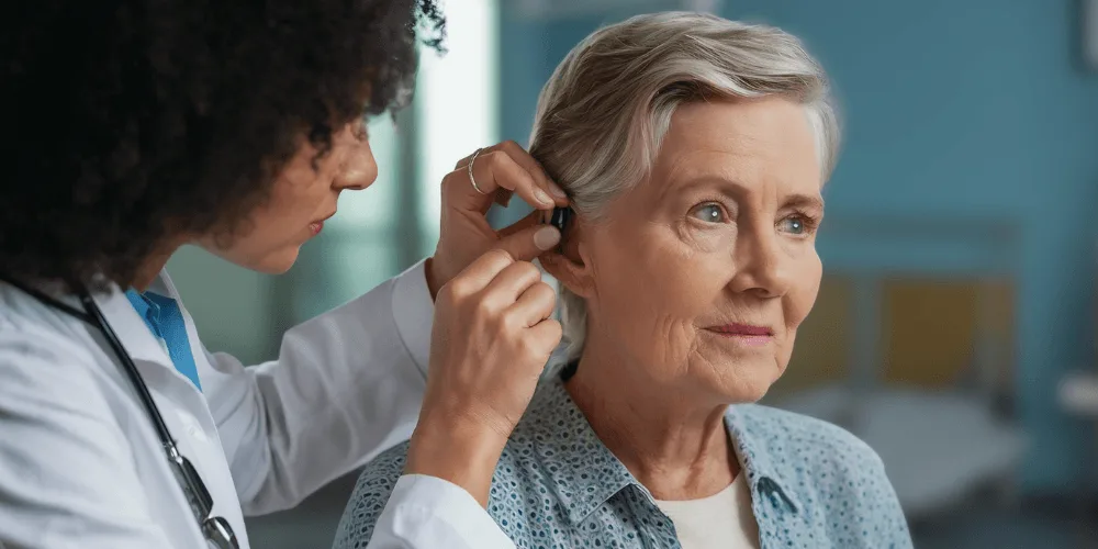 Una persona mayor sonriendo mientras usa un audífono moderno y conversa con amigos en una cafetería iluminada.